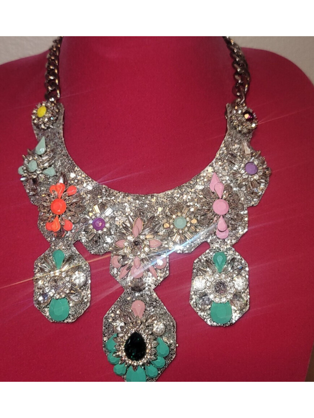 SHOUROUK SILVER GLITTER HEROINE NEON CRYSTALS STONES BIB STATEMENT NECKLACE-RARE